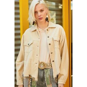 POL l Love You A Latte Corduroy Trucker Jacket Beige Cream Distressed Boho Fall